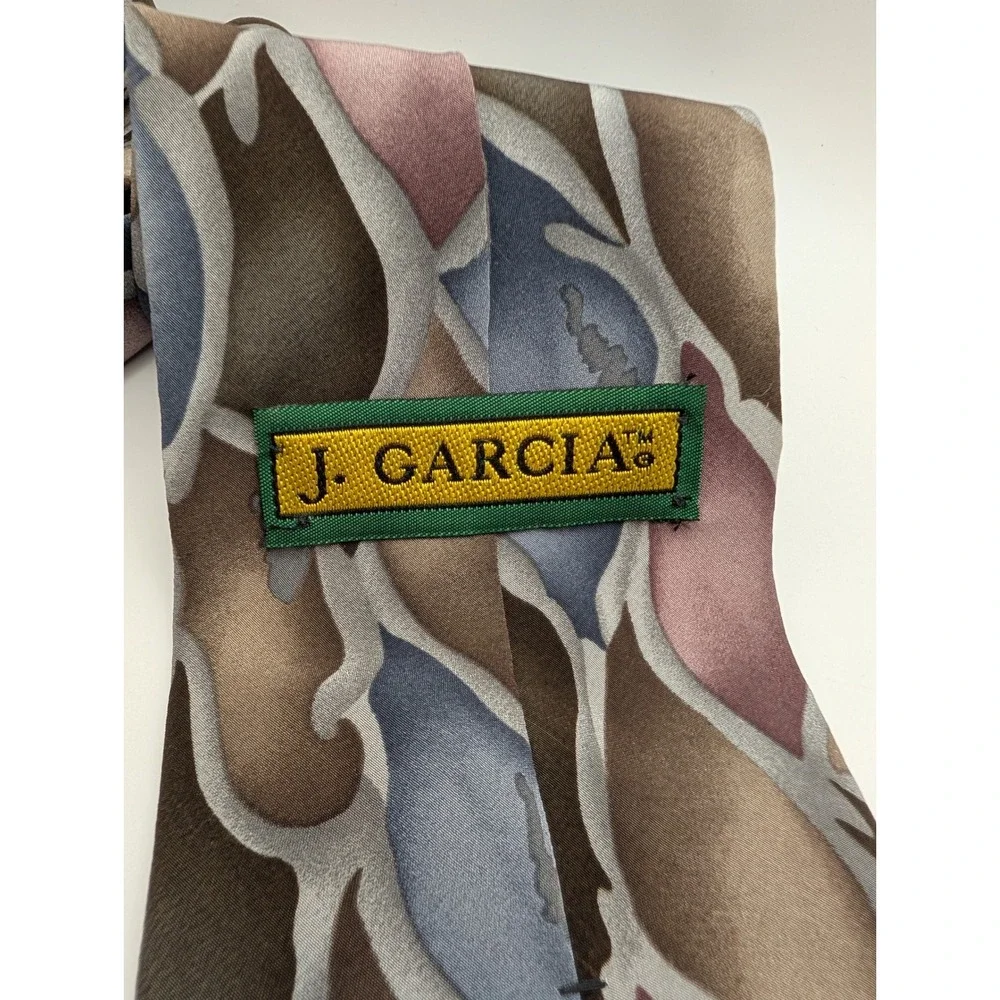 Jerry Garcia Tie Silk USA Abstract Leaf Pattern Brown Blue Gray Men Necktie